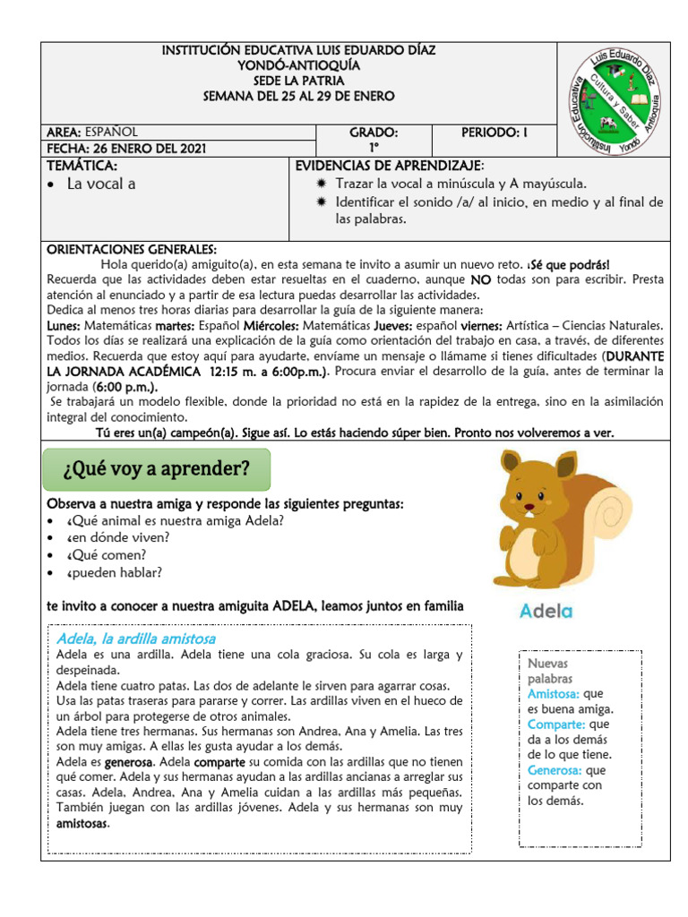 Aprendizaje de la Vocal A en 1° Grado | PDF | Ardilla