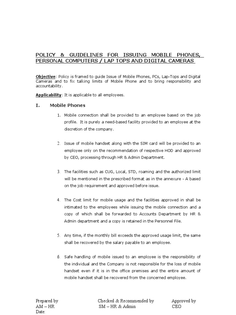 Mobile Device Issuance Policy Guide | PDF | Mobile Phones | Employment