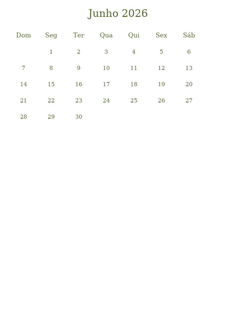 Calendário de Junho de 2026 | PDF