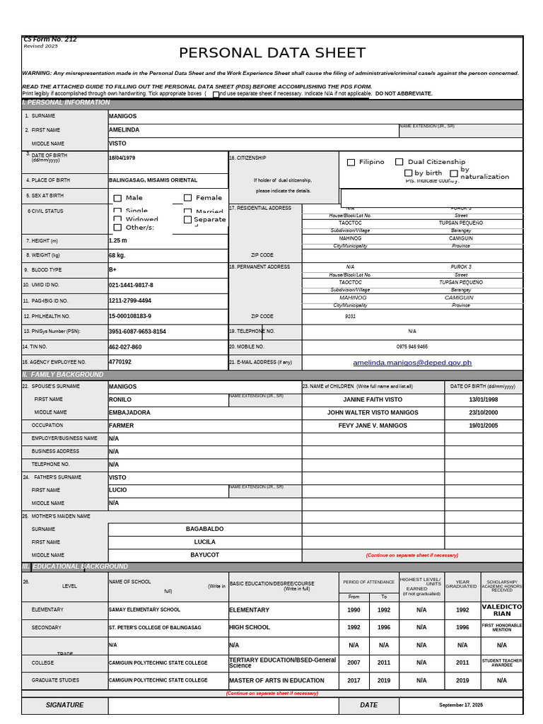 Personal Data Sheet Sample 2025 | PDF | Teachers