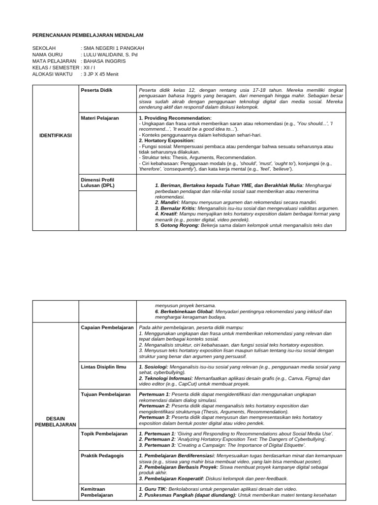 Template RPP Pembelajaran Mendalam | PDF