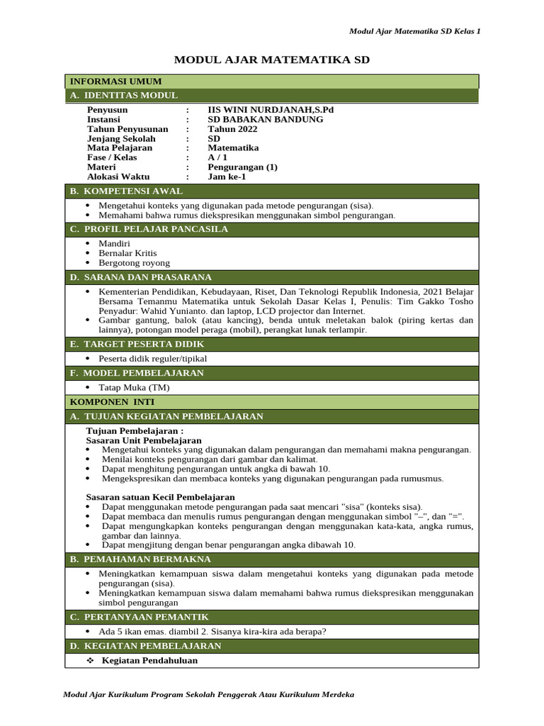 Modul Ajar MTK Bab 5 Kls 1 SD | PDF