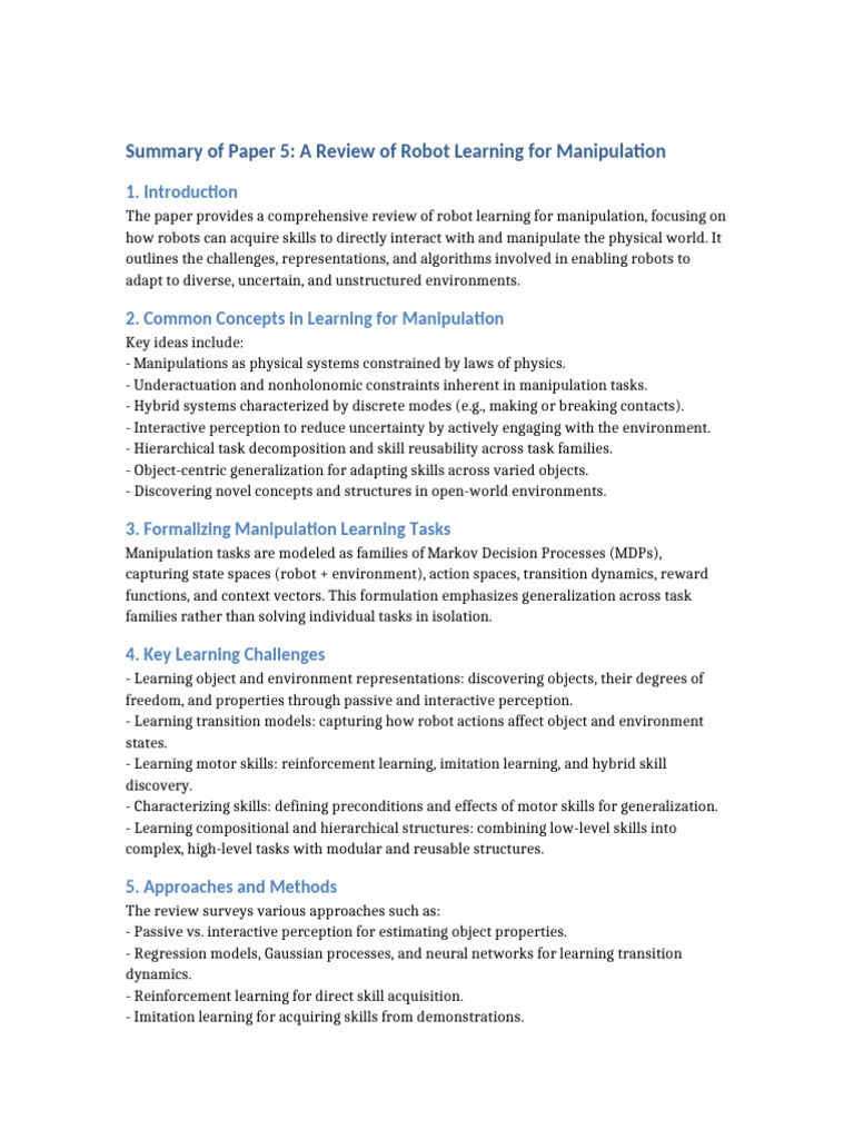 Robot Learning for Manipulation Review | PDF | Learning | Robot