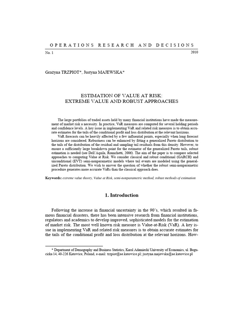 Value at Risk Estimation Techniques | PDF | Value At Risk | Robust ...