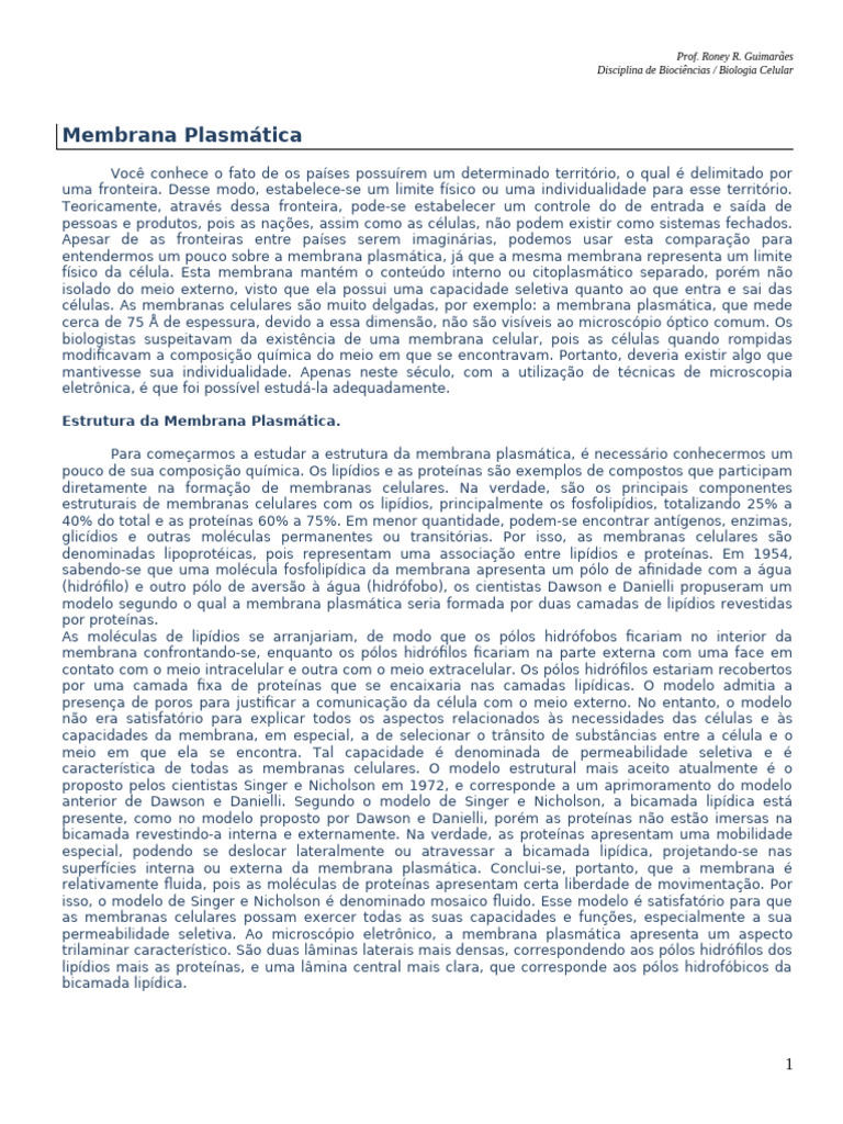 Estrutura e Função da Membrana Plasmática | PDF | Membrana celular ...