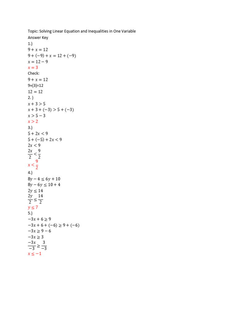 Solving Linear Equation and Inequalities in One Variable Answer Key | PDF
