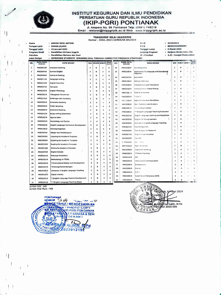 Academic Transcript for English Education | PDF | Human Communication ...