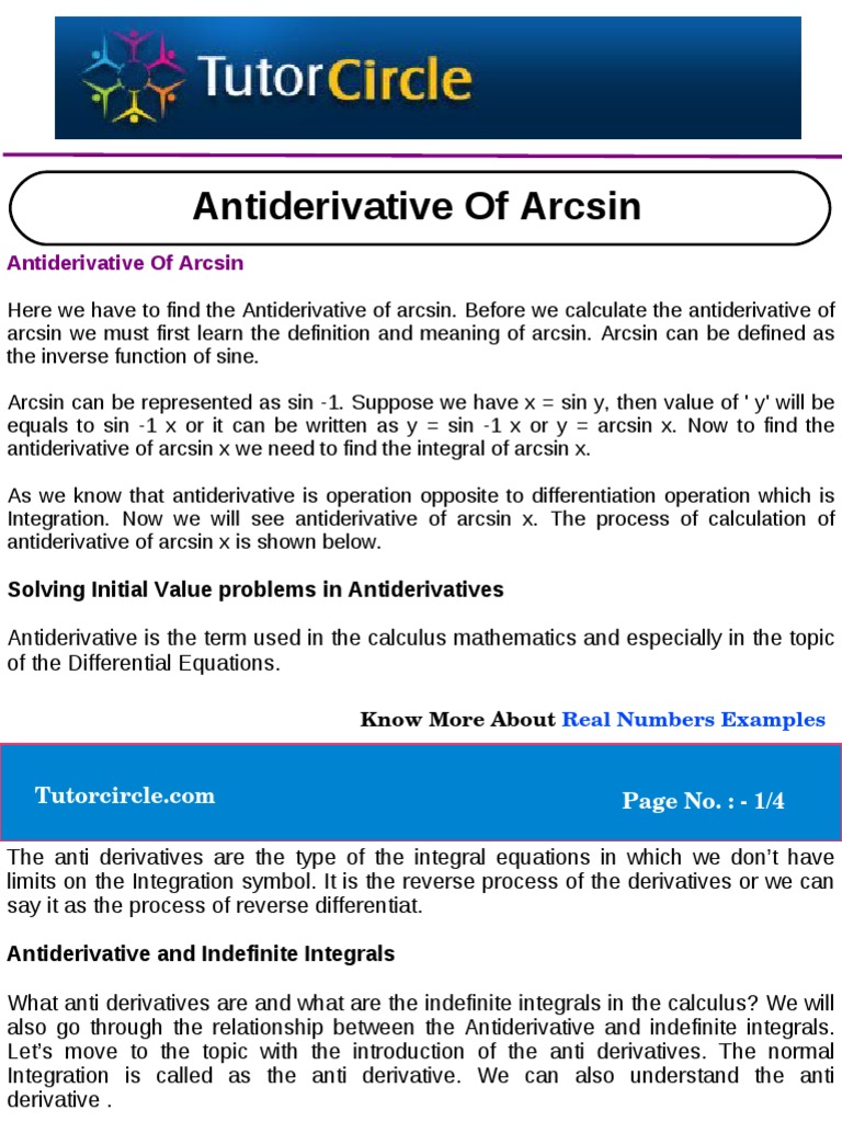 Anti derivative of arcsin integral derivative