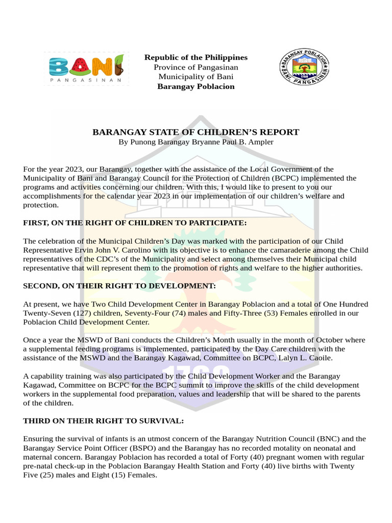 Barangay Poblacion Children's Report 2023 | PDF | Infants | Breastfeeding