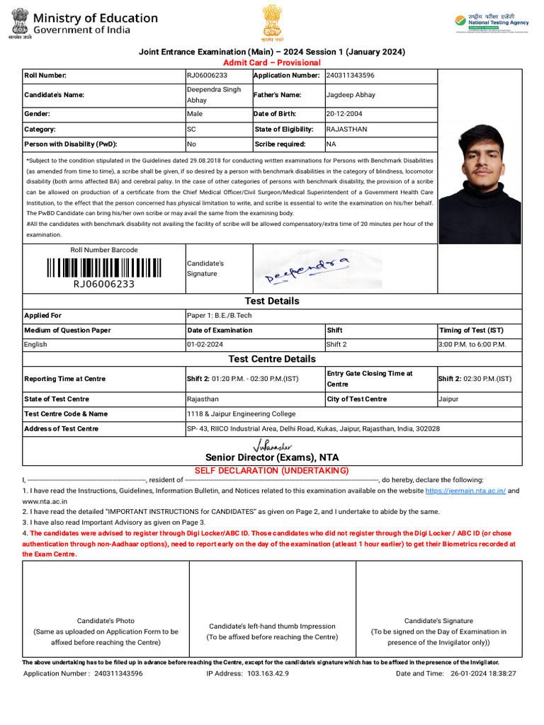 JEE Main 2024 Admit Card Instructions | PDF | Identity Document