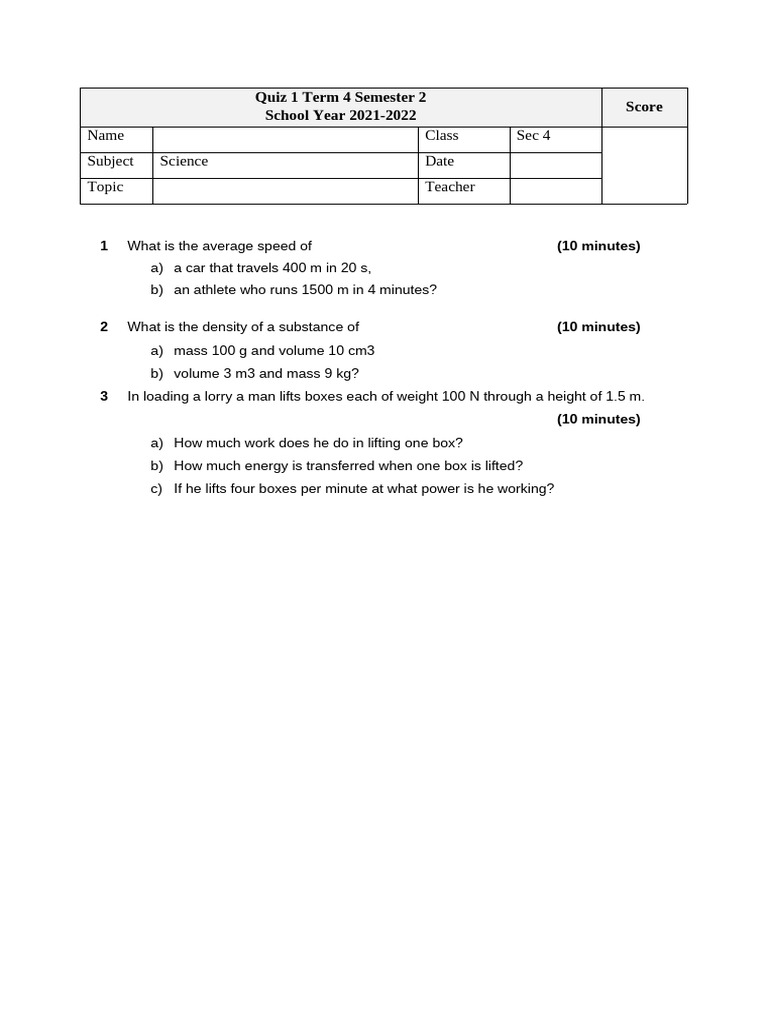 Science Quiz: Speed, Density, Work & Power | PDF