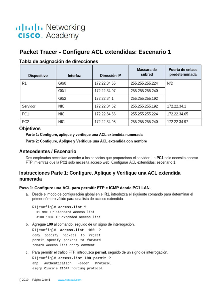 Configuración de ACL Extendidas en Packet Tracer | PDF | Dirección IP ...