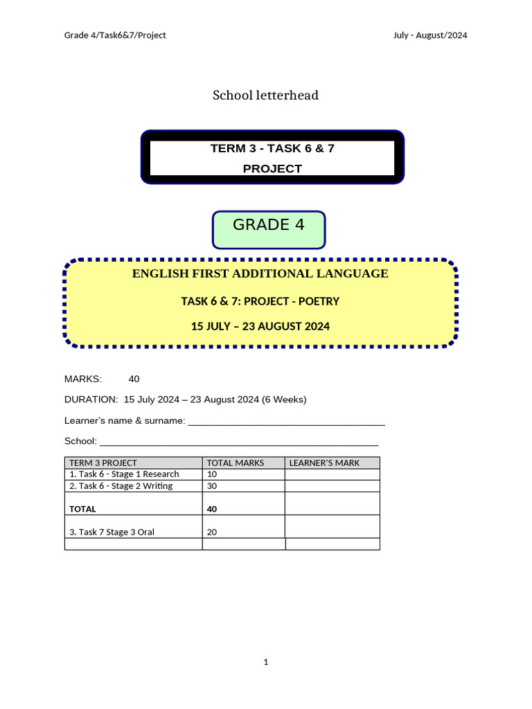 2024 EFAL Grade 4 EFAL Task 6 & 7 Project | PDF | Poetry | Cognition