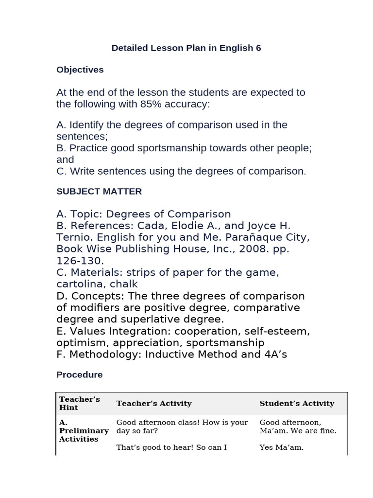 English 6 Lesson Plan: Degrees of Comparison | PDF | Adjective