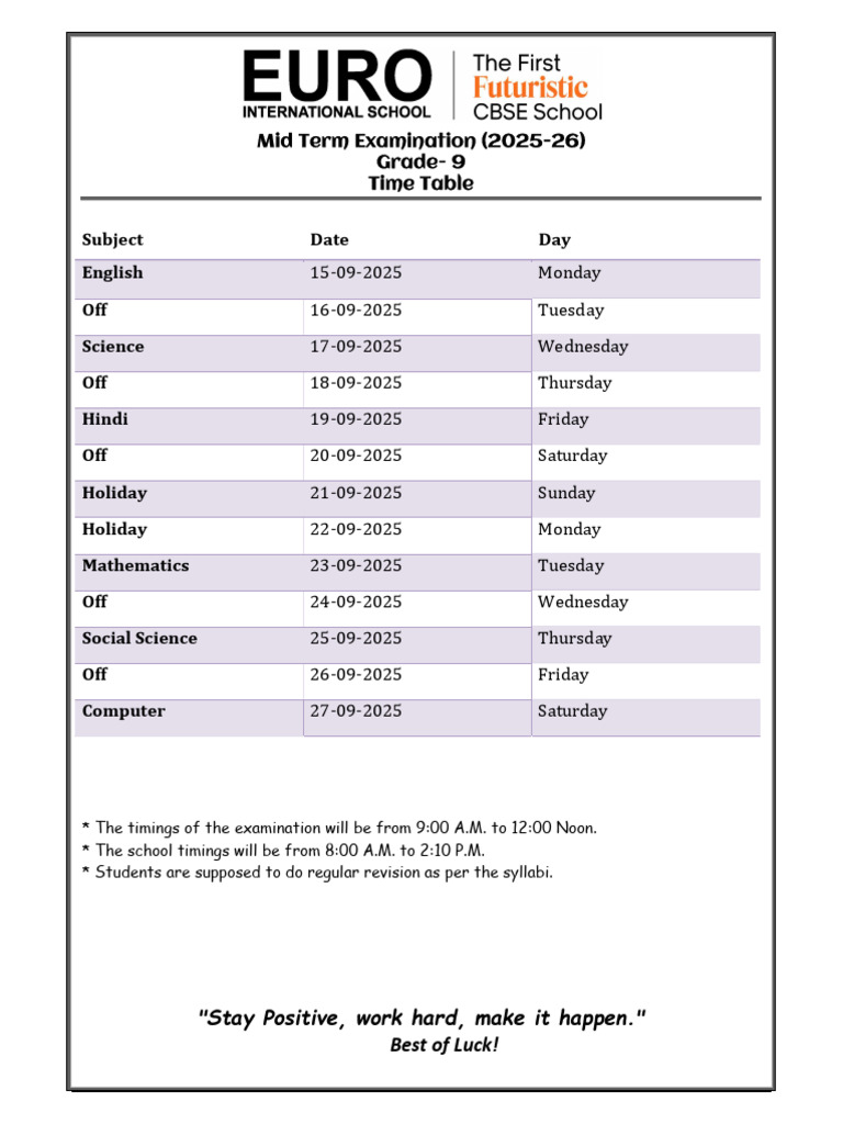 Grade 9 Mid Term Exam Timetable 2025-26 | PDF | Equations | Mathematics