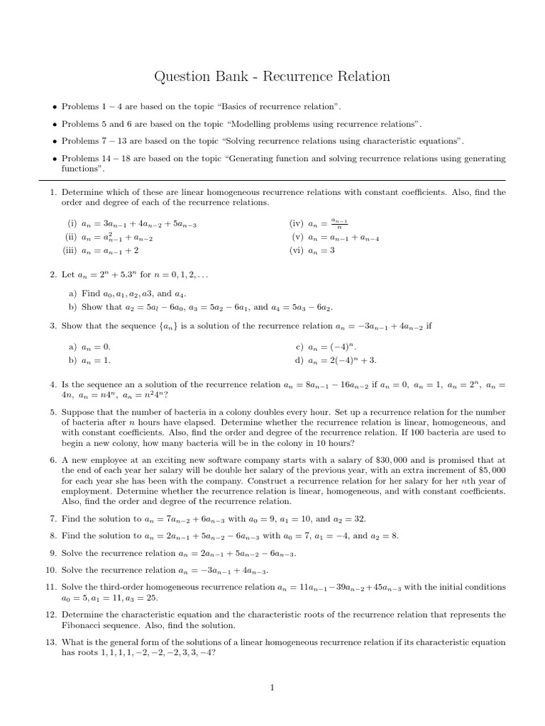 Recurrence Relation Question Bank | PDF | Recurrence Relation | Algorithms