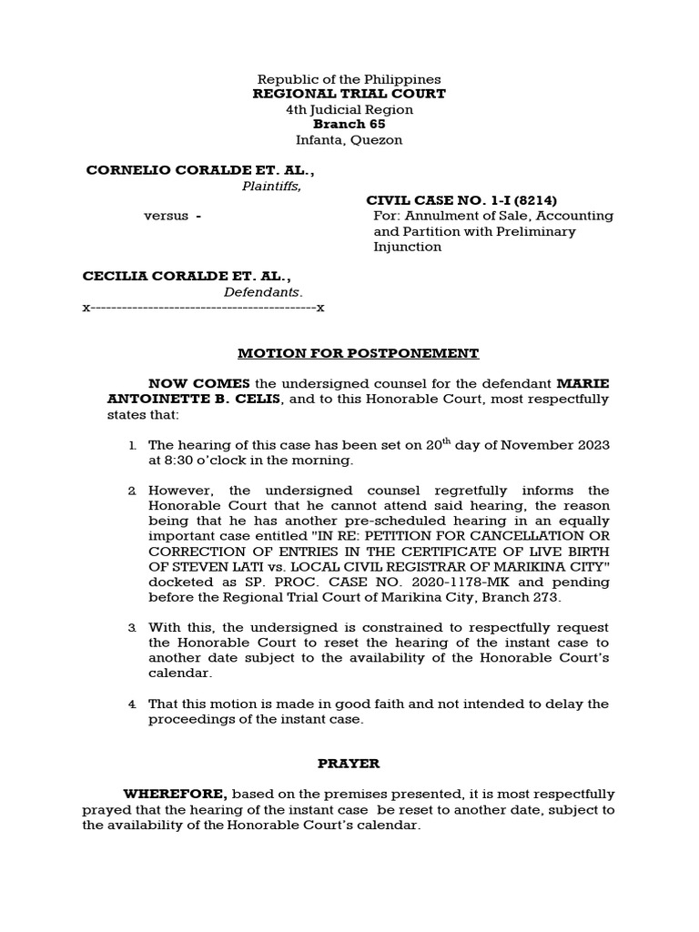 Motion to Postpone Hearing in Civil Case | PDF | Common Law | Judiciaries