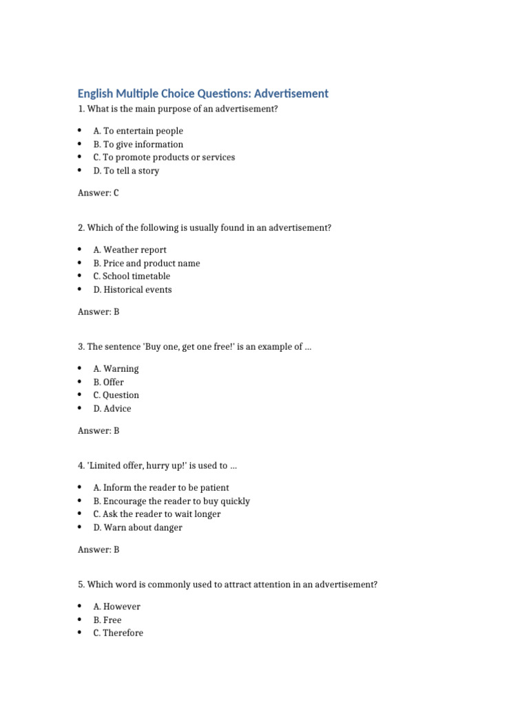 English MCQs on Advertisement Concepts | PDF | Advertising