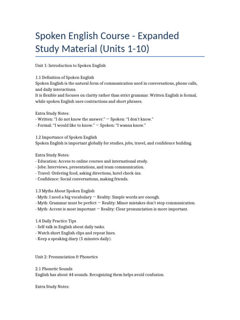 Expanded Spoken English Units 1 10 | PDF | English Language | Stress ...