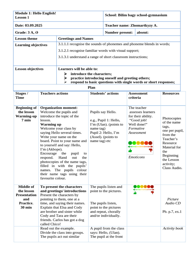 Greetings and Names Lesson Plan | PDF | Cognitive Science | Education ...