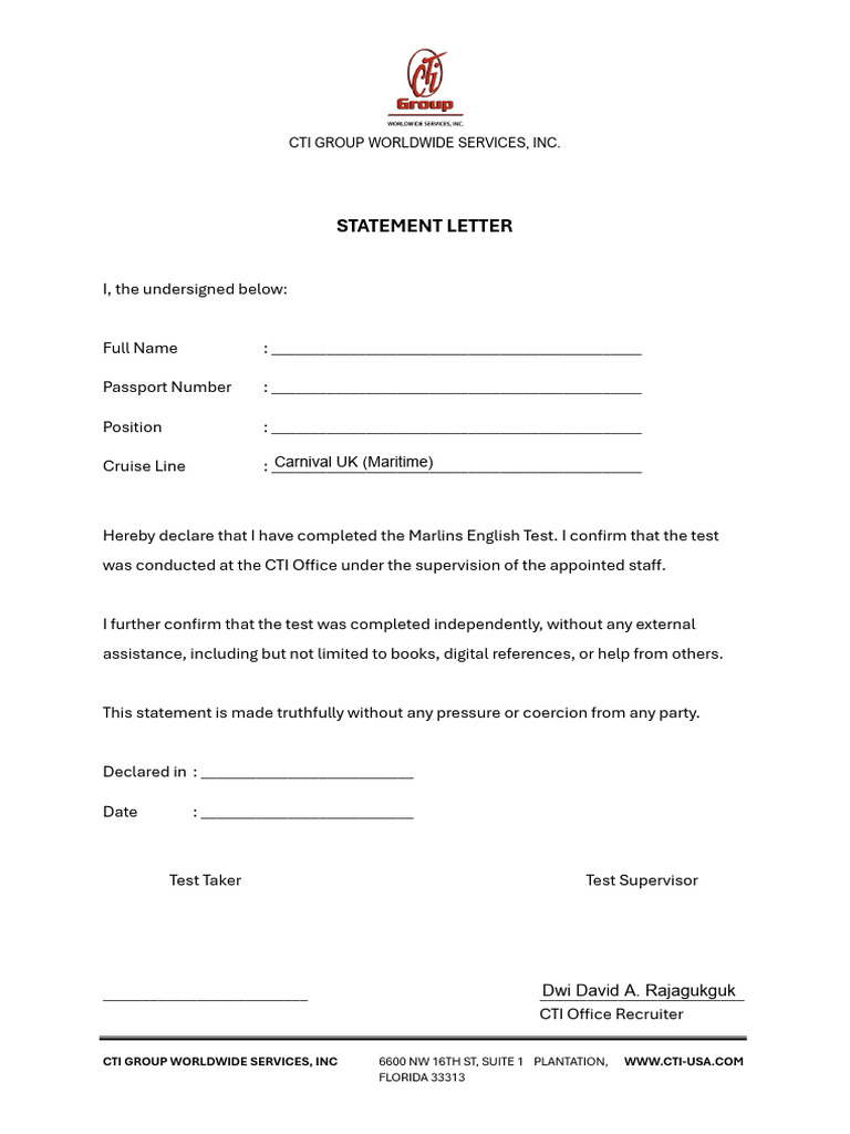 CTI Marlins English Test Declaration | PDF