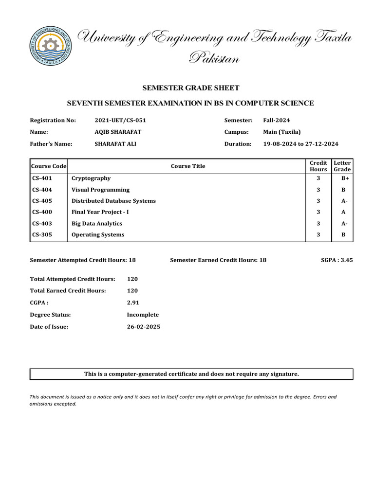 UET Taxila BS Computer Science Grade Sheet | PDF