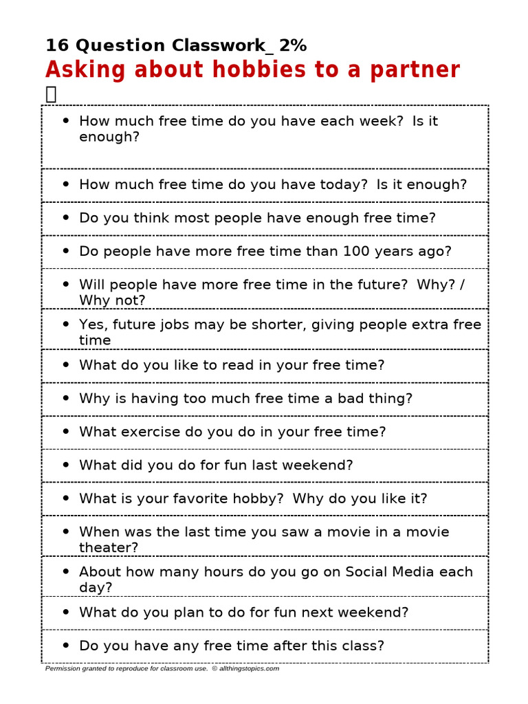 Hobbies Discussion Questions for Class | PDF