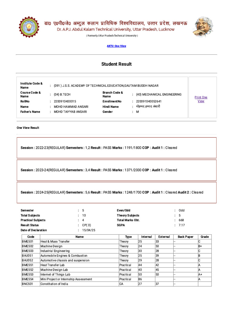 AKTU Mechanical Engineering Results 2022-25 | PDF | Mechanical Engineering