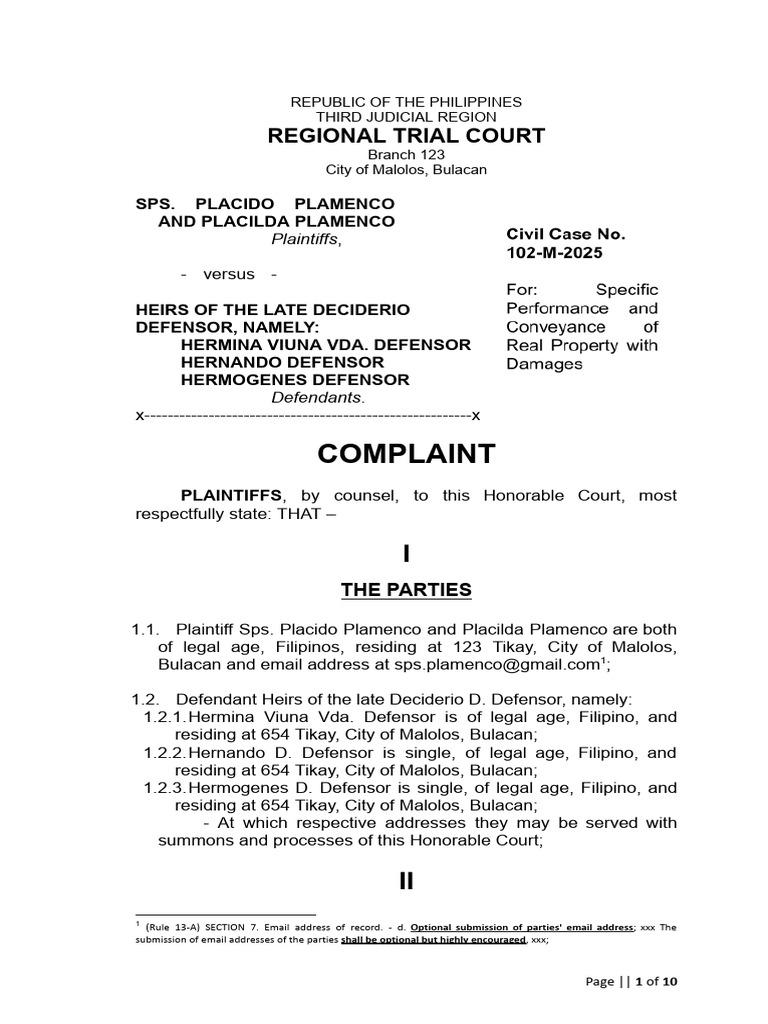 Complaint - Civil Case No. 102-M-2025 Ver 4 | PDF | Lawsuit | Damages