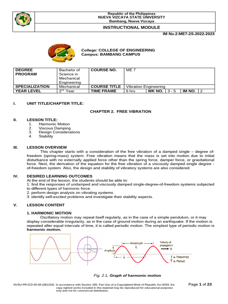 Free Vibration in Mechanical Engineering | PDF | Damping | Viscosity