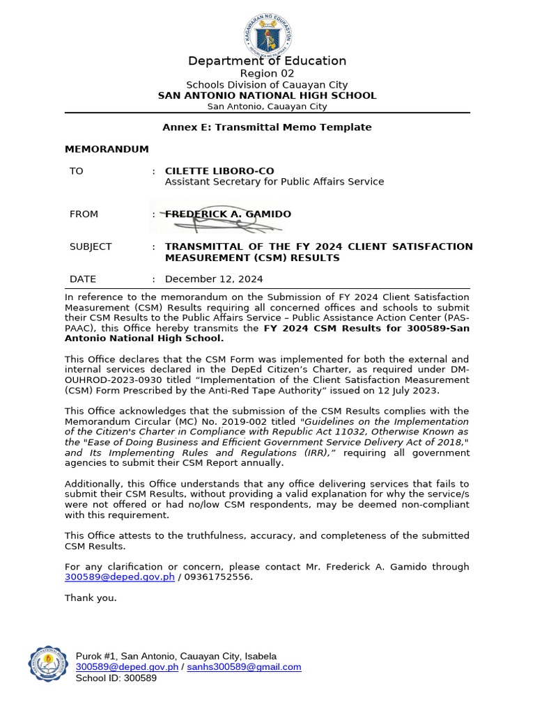 FY 2024 CSM Results Transmittal Memo | PDF