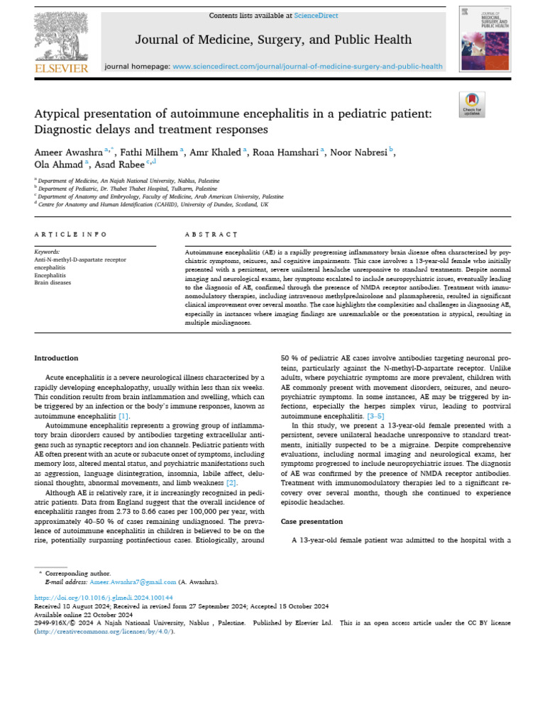 Atypical Autoimmune Encephalitis in Pediatrics | PDF | Headache | Neurology
