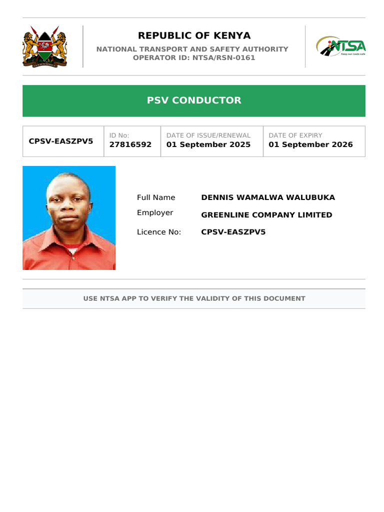 PSV Conductor Badge for Dennis Wamalwa | PDF