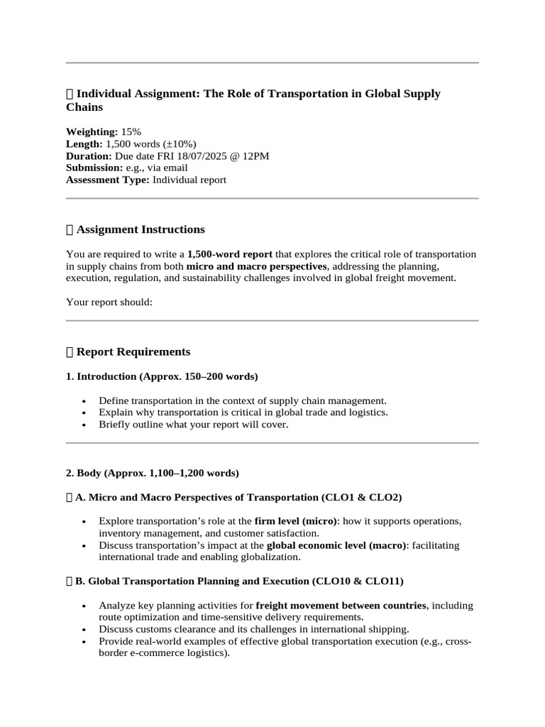 Individual Assignment: The Role of Transportation in Global Supply ...