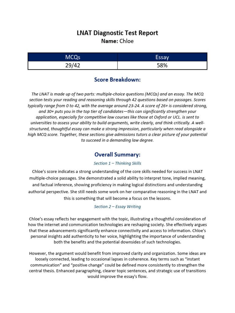 LNAT Diagnostic Test Results for Chloe | PDF | Essays | Multiple Choice