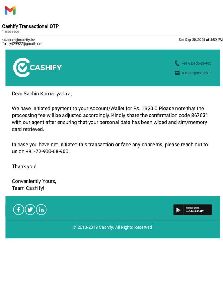 Cashify Transaction Confirmation Notice | PDF