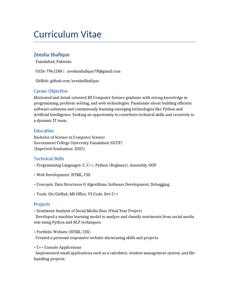 Zeesha Shafique: Computer Science CV | PDF