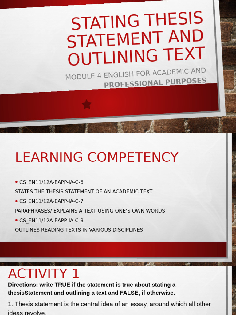 Module 4 Stating Thesis Statement and Outlining Text | PDF | Writing | Pet