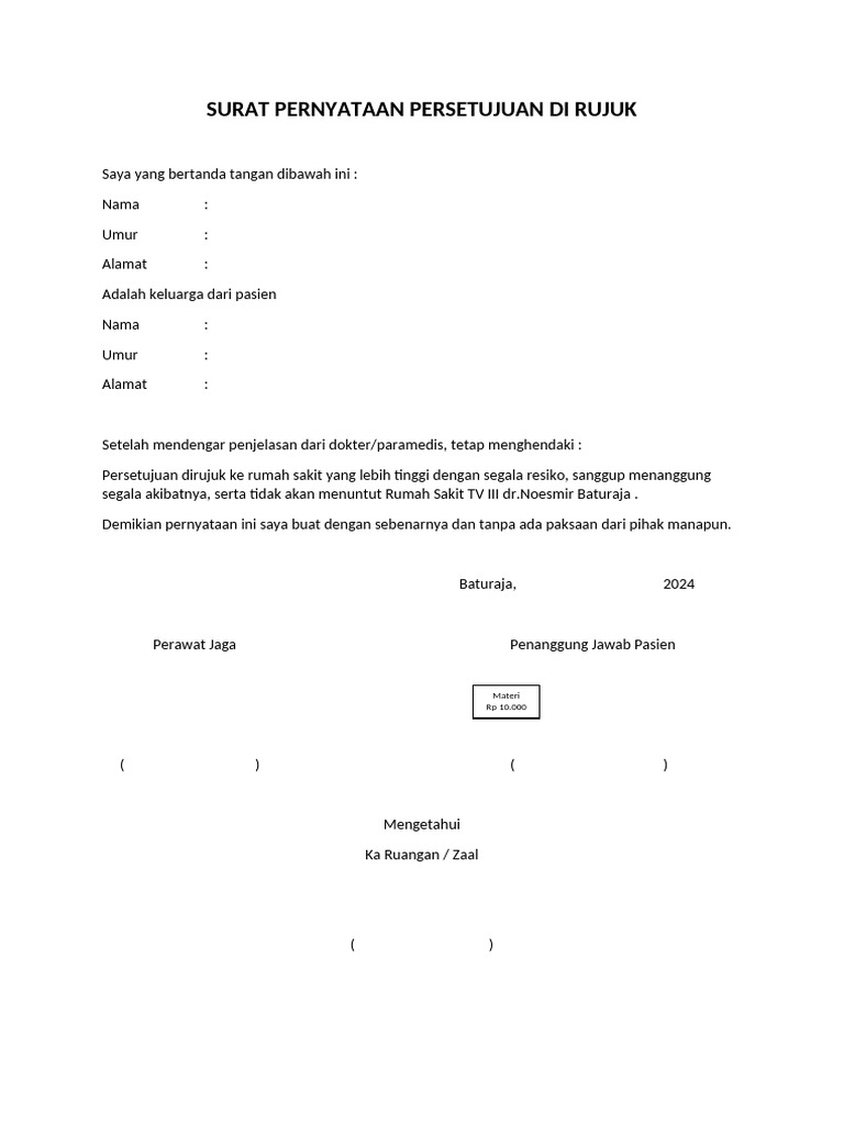 Surat Pernyataan Persetujuan Di Rujuk | PDF