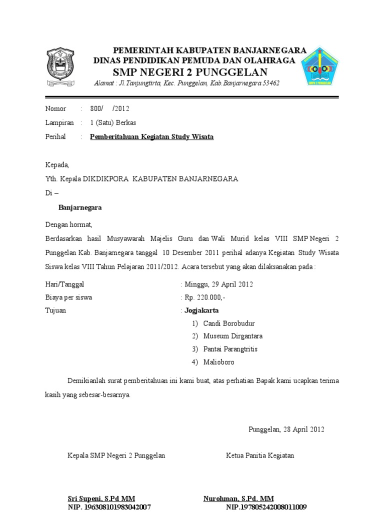 Contoh Surat Dinas Tentang Permohonan Izin Study Tour