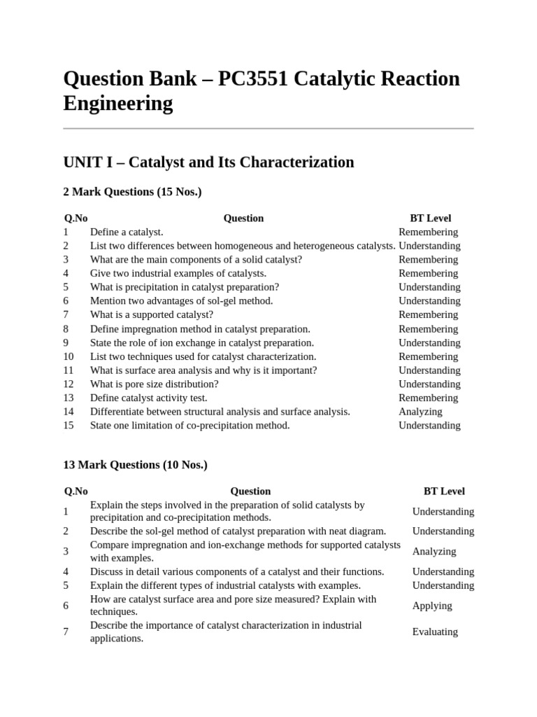CRE Question Bank | PDF | Cracking (Chemistry) | Catalysis