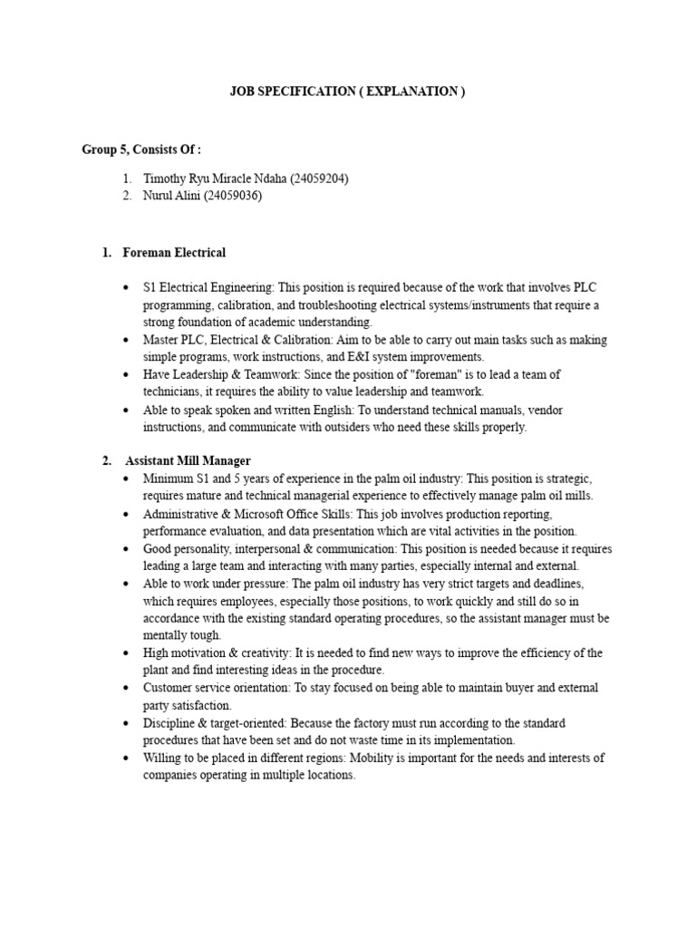 Job Specifications for Key Positions | PDF | Leadership | Business