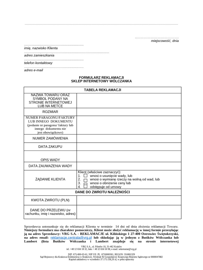 Formularz Reklamacji WLC | PDF