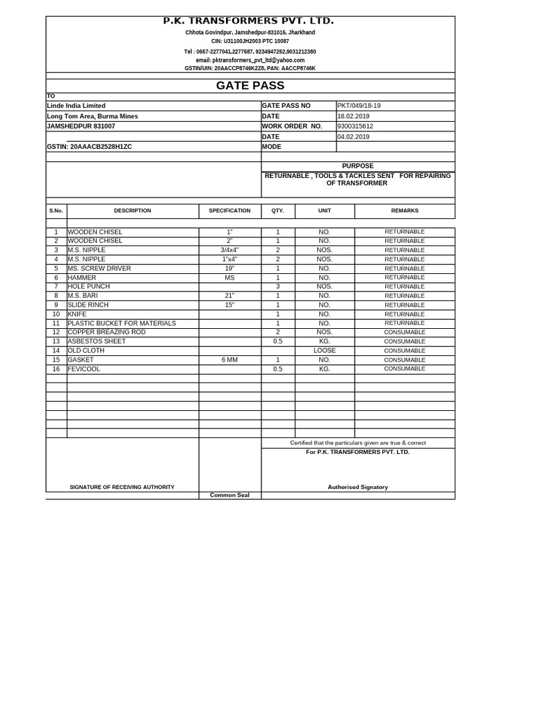 Returnable Tools for Transformer Repair | PDF | Mechanical Engineering