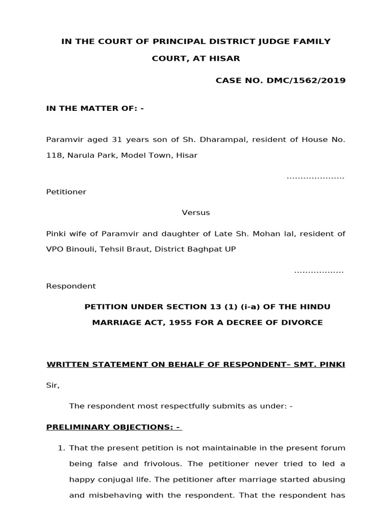 Written Statement Petition Us 13 of Hma in Case Sandeep Vs SMT Babli DT ...