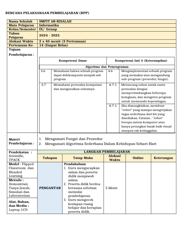 RPP Informatika Kelas IX: Algoritma & Pemrograman | PDF