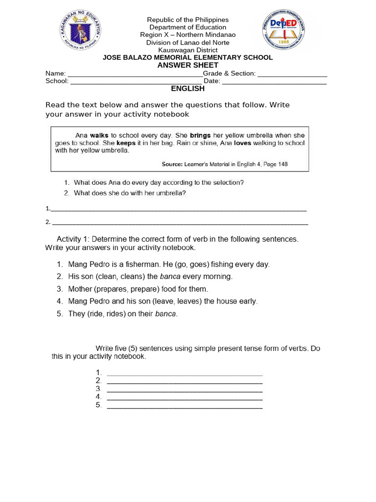 English Answer Sheet Template | PDF