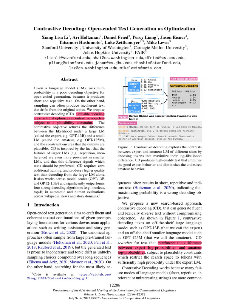 Contrastive Decoding - Open-Ended Text Generation As Optimization | PDF