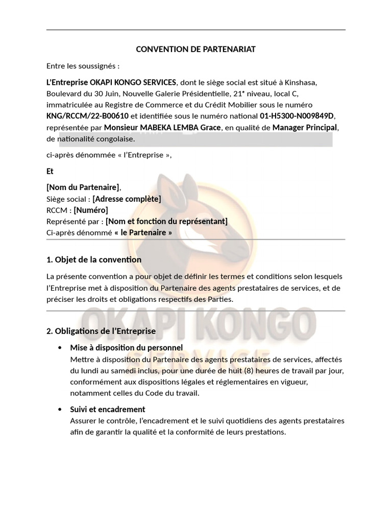 Convention de Partenariat OKAPI KONGO | PDF | Business | Heures ...