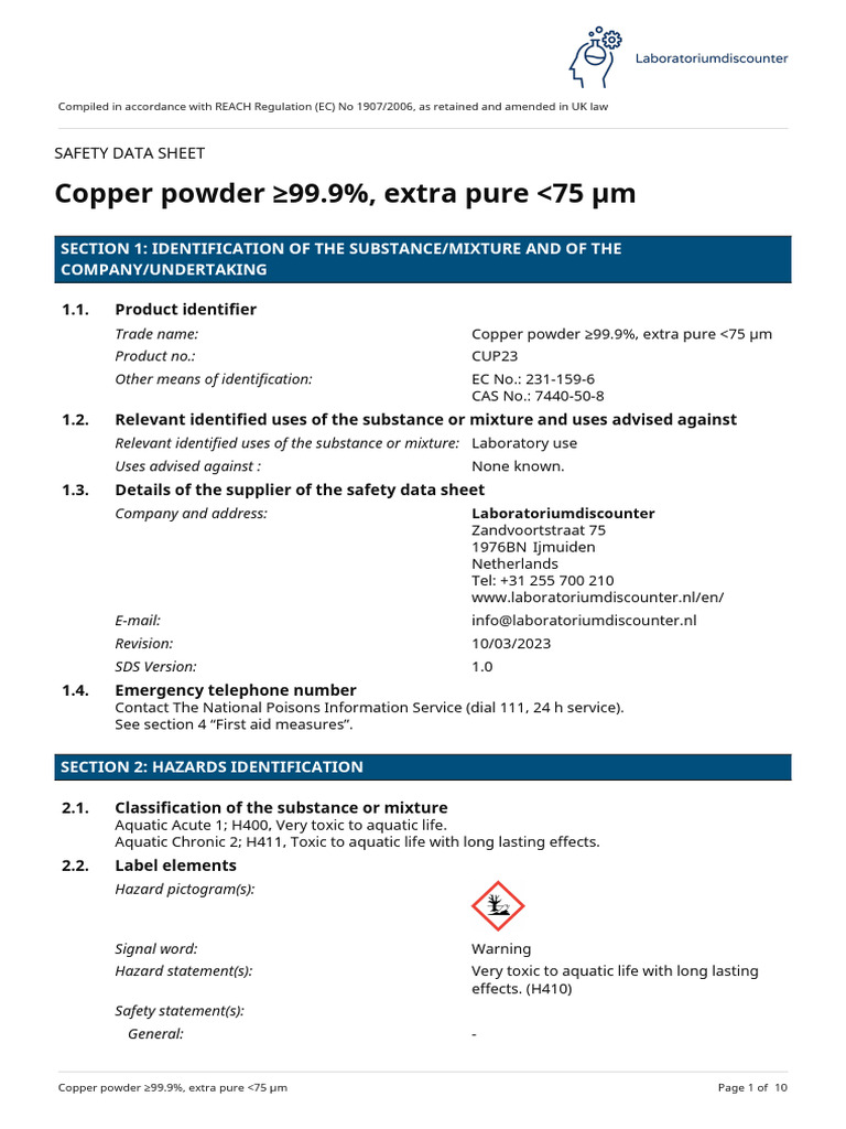 Safety Data Sheet for Copper Powder | PDF | Chemistry | Materials